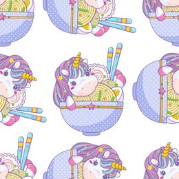 vector seamless pattern, kawaii anime style. cute unicorn in plate with ramen, noodles, narutomaki, egg, chopsticks, onion and spice. perfect for kids room wallpaper, cotton, textile