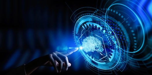 artificial intelligence (ai) with machine deep learning and data mining and another modern computer technologies ui by hand touching low poly icon.