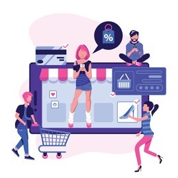 online mobile shopping scene with men and women making purchases on internet. m commerce concept with people shopping on smartphone. e-commerce advertising illustration. flat vector illustration