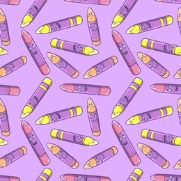 back to school. colored crayons for painting and drawing. funny smiling colorful characters. set of stationery for a primary school student. seamless background with pattern.