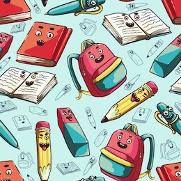 back to school. book, notebook, pencil, pen, eraser, backpack. funny smiling colorful characters. set of stationery for a primary school student. seamless background with pattern.