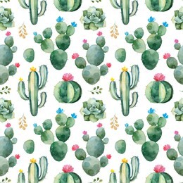 seamless pattern with green watercolor cactus,succulents and multicolored flowers.nature background.perfect for your project,wedding,print,packaging design,wallpaper,pattern,texture and more