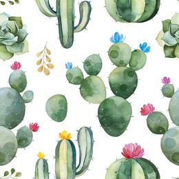 seamless pattern with green watercolor cactus,succulents and multicolored flowers.nature background.perfect for your project,wedding,print,packaging design,wallpaper,pattern,texture and more