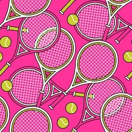 bright seamless pattern of many tennis rackets and balls.
