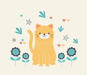 cat cartoon and flowers design vector illustration