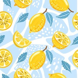 contemporary seamless pattern with lemon, lemon slice, mint leaves and abstract element. texture for textile, wrapping paper, scrapbooking, packaging etc. vector.