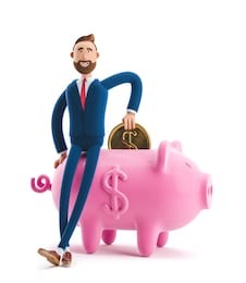 portrait of a handsome cartoon character with piggy bank. safe money storage concept. 3d illustration