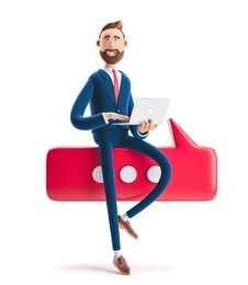 conversation concept.portrait of a handsome businessman with laptop and bubble talk. 3d illustration