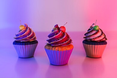 three cupcakes with colorful frosting, sugar sprinkles and cocktail cherries in neon lights