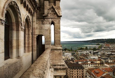 view of geneva from the height of the north tower of the cathedral of saint-pierre, switzerland