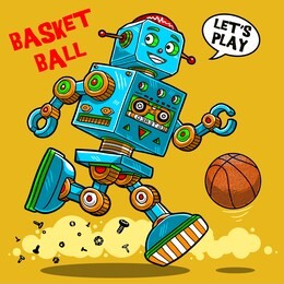 vector retro robot toy playing basketball illustration poster wallpaper card tee shirt graphic home textile print design