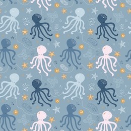 seamless pattern with octopus. vector background. cute blue octopus in the sea, starfish, waves. for printing on fabric, wallpaper in the children's room, paper, clothes, textiles.