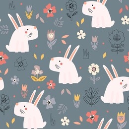 seamless pattern of cute pink bunnies and flowers on a gray background. hand drawn vector background for children.
