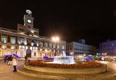 night street of madrid.  post office at puerta del sol