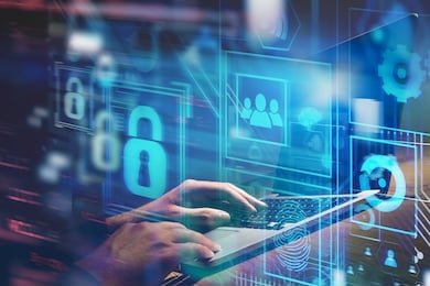 hands typing on laptop computer at table with double exposure of online security virtual interface. concept of data protection and blockchain. toned image blurred