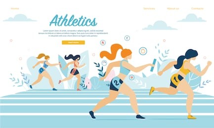 young athletics sportswomen take part in relay race running on stadium with sticks. sport jogging tournament, activity, healthy lifestyle, summer competition. cartoon flat vector illustration, banner