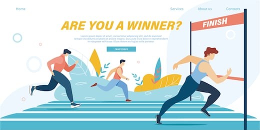 running competition, group of athlete sprinter sportsmen team run marathon distance or sport jogging tournament race on stadium, winner crossing finish line cartoon flat vector illustration, banner