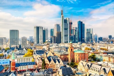 frankfurt am main financial business district. panoramic aerial view cityscape skyline with skyscrapers in frankfurt, hessen. germany