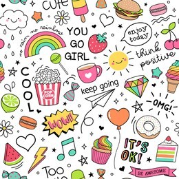 cute girl's elements and inspiration quotes seamless pattern background.