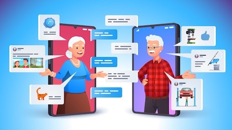 old aged family couple man & woman communication using smart phone video call. elderly people talking, chatting, messaging, gossiping on social network topics. flat vector character illustration