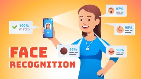 face recognition concept. young woman secure unlock mobile phone using facial id authentication. depth sensor scan & match face features using modern ai technology. flat vector character illustration