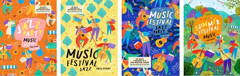posters for a summer live music festival or jazz party. background from vector illustrations of musicians and dancing people.