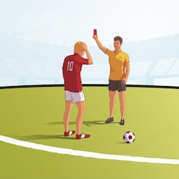 soccer referee showing red card flat vector illustration. football judge, arbitrator cartoon character. stadium field with ball. football stadium background. upset footballer on game field