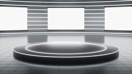 bright and sci-fi technological showroom with blank screen and round stage. used for background graphic source and template. 3d rendering - illustration.