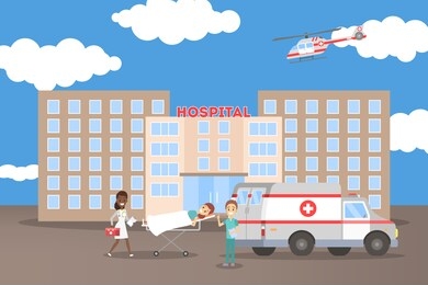 doctors standing in front of hospital building. patient at the ambulance car and emergency helicopter on the background. urban landscape with clinic.  flat illustration