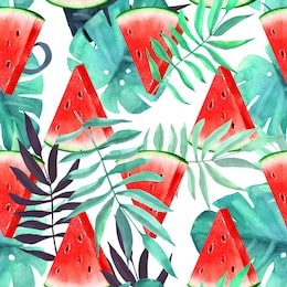 watermelon slices with tropical leaves. seamless floral pattern