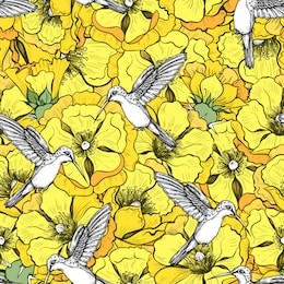 
engraved images of hummingbirds on a background of yellow flowers of prickly pear. close-up. vintage illustration of birds and blooming cactus.