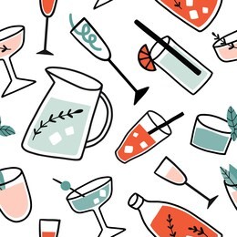 fresh cocktails seamless pattern. background with alcohol drinks. summer holiday and beach party concept. hand drawn cute vector illustration. texture for party wrapping papet, texture, fabric. 