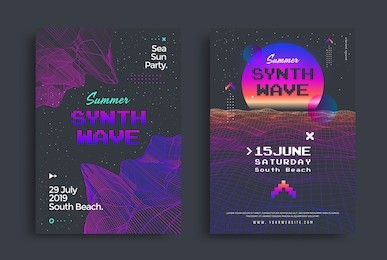 summer synthwave party set of posters with grid wave. cover in vaporwave style. electronic music neon flyer of the 80s.