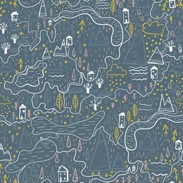 cute seamless pattern with forest and mountains, village map. europe nature landscape concept. vector doodle in the scandinavian style hand-drawn illustration for kids fabric, nursery textile