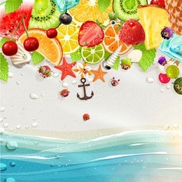 summer holidays vector illustration set with palms, sun, sea, fruits and berries. coconut, strawberry, pineapple, watermelon, cherry, orange and lemon, sea and beach sand for best summer design.