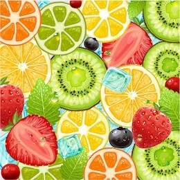 summer holidays vector illustration set with cocktail fruits and berries. strawberry, cherry, orange, lemon and ice cube for best summer design.