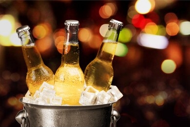 bottles of cold and fresh beer with ice isolated