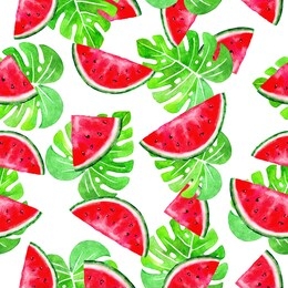 seamless pattern with watermelon and tropical leaves on white background in bright summer colors. hand painted illustration. background for fabric textile, banners, print