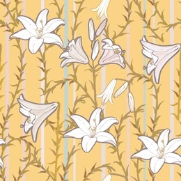 seamless vector floral pattern art nouveau style with white lilies,leaves, stripes and stems on yellow background
