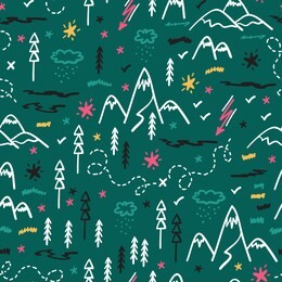 camping nature vector background for kids. cartoon mountain and forest area map seamless pattern. hand drawn doodle mountains, hills, trees, hiking trails and night starry sky