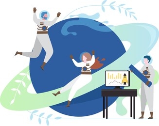 astronauts in outer space, vector flat style design illustration