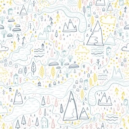 cute seamless pattern with forest and mountains, village map. europe nature landscape concept. vector doodle in the scandinavian style hand-drawn illustration for kids fabric, nursery textile