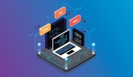 isometric design concept virtual reality and augmented reality. software development and programming. computation of big data center, information processing, database. isometric vector technology