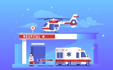 building of hospital with ambulance car and helicopter. illustration