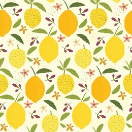tropical seamless pattern with lemons, leaves, flowers on white background. bright citrus fruit. cute doodle hand drawn texture. colorful summer design for textile print, organic food packaging.