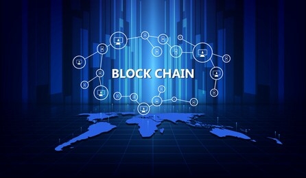 blockchain network concept, distributed ledger technology, chain messages, blocks and computer connections worldwide. vector illustration
