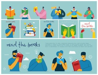 read the books. vector concept illustrations of world book day and book festival in the flat style. people read the book.