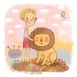 zodiac sign - leo. part of a large colorful cartoon calendar. cute blond boy with his funny lion in pink colors