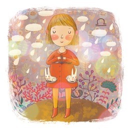 zodiac sign - libra. part of a large colorful cartoon calendar. cute girl with funny small rabbits under the rain in flowers. cartoon illustration in pastel colors.
