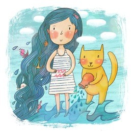 zodiac sign - aquarius. part of a large colorful cartoon calendar. cute girl with her cat in the sea. concept cartoon illustration in blue colors